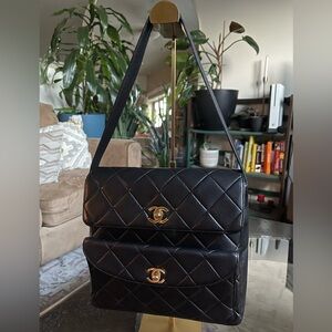 Rare Chanel 1997 Lambskin Double Turnlock Shoulder Bag